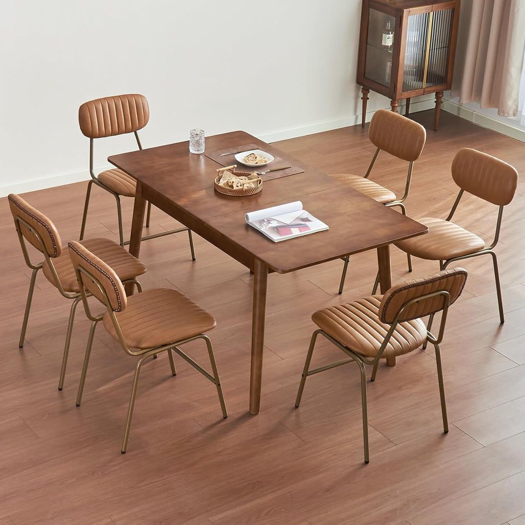 Mid Century Modern Dining Chairs Set of 2, Retro Chair with Faux Leather Upholstered Seat/Backrests & Vintage Distressing Metal Legs & Leg Protectors for Kitchen Dining Room (Brown,Assemble)