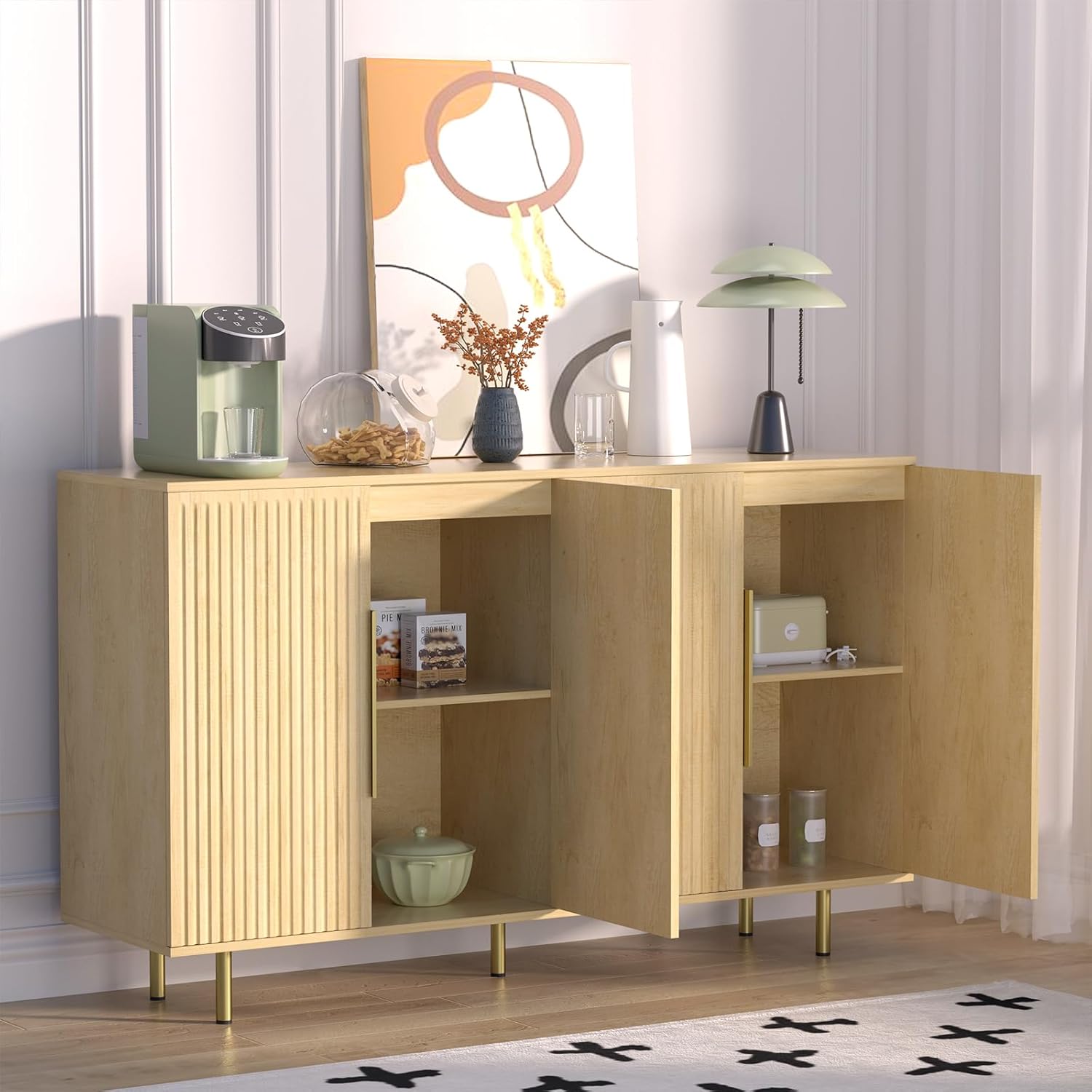 Sideboard Cabinet, 56" Large Buffet Cabinet with Storage, Wood Credenza Storage Cabinet with 4 Fluted Decorative Doors and Adjustable Shelves, for Living Room, Kitchen, Entryway, Oak