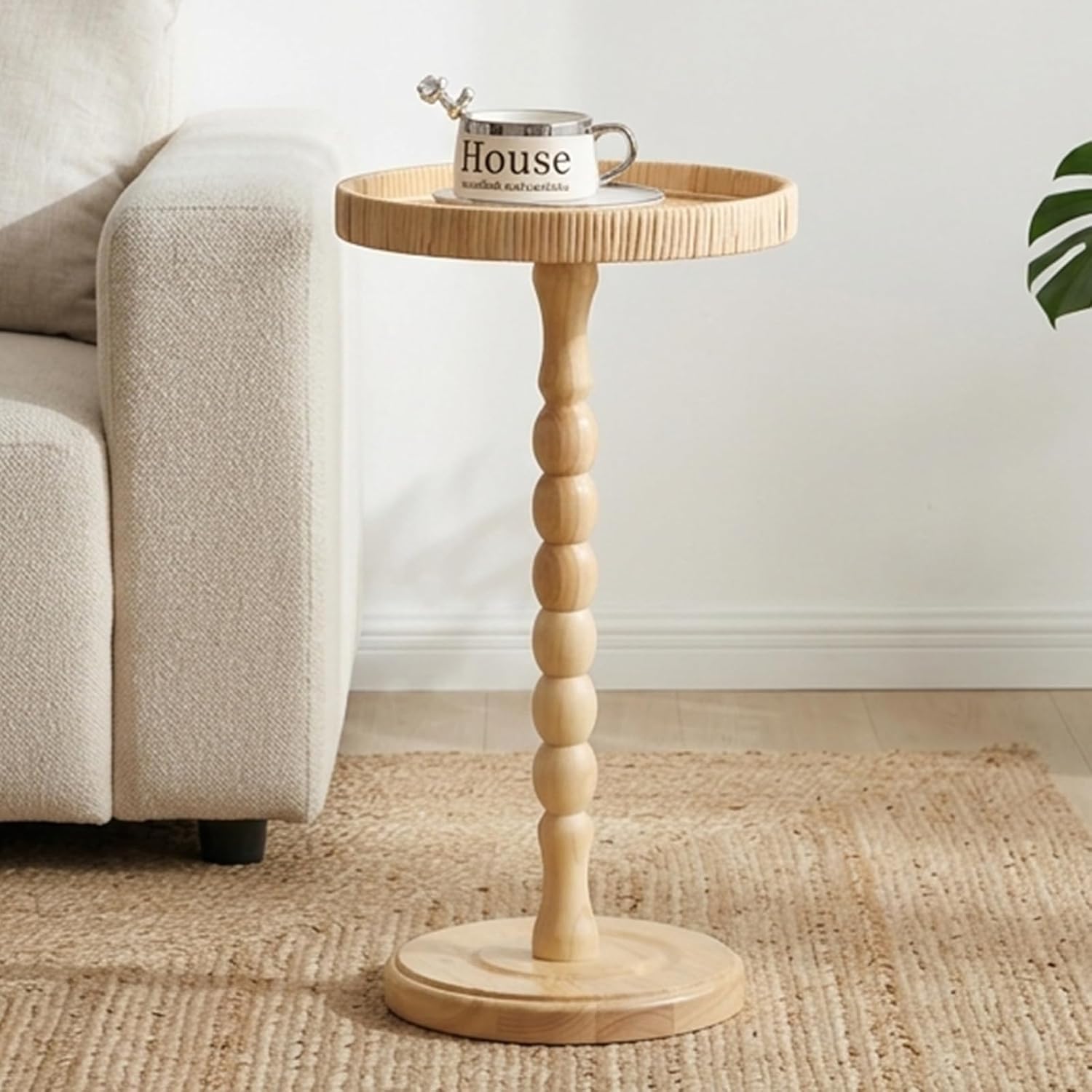 Small Drink Table, Rattan Round Side Table for Small Spaces, Boho Accent Table End Table with Solid Wood Leg for Living Room, Nightstand Table for Bedroom, Corners