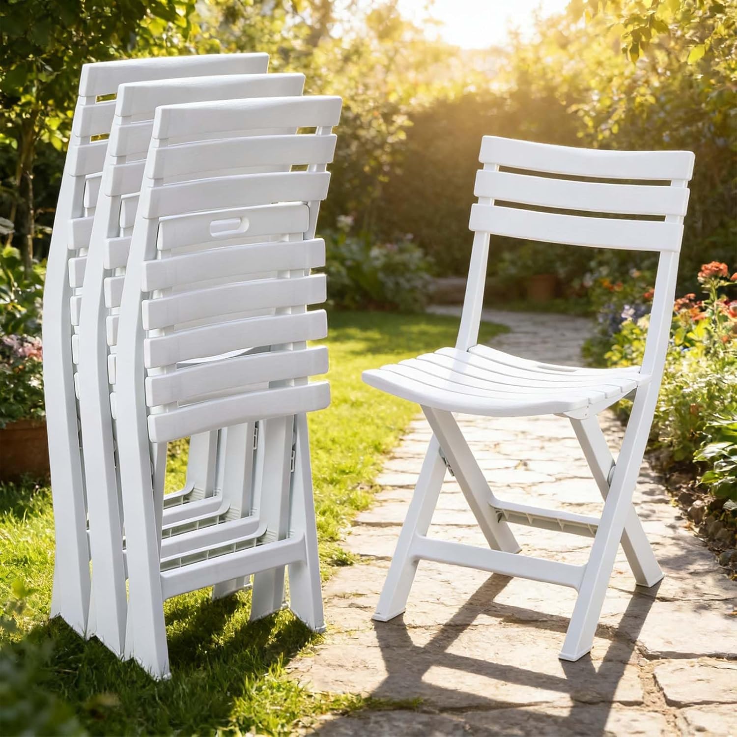 4 Pack Foldable Plastic Chairs, 300 LB Weight Capacity, Lightweight Waterproof Foldable Chairs for Patio, Garden, Beach, Balcony & Porch Indoor Outdoor Use(White×4)