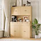 Modern Tall Kitchen Pantry Cabinet with Charging Station - 71" Height, 47" Wide Hutch, 2 Drawers, 8 Doors, Adjustable Shelves, Countertop - Dining Room or Kitchen Storage - Natural Wood