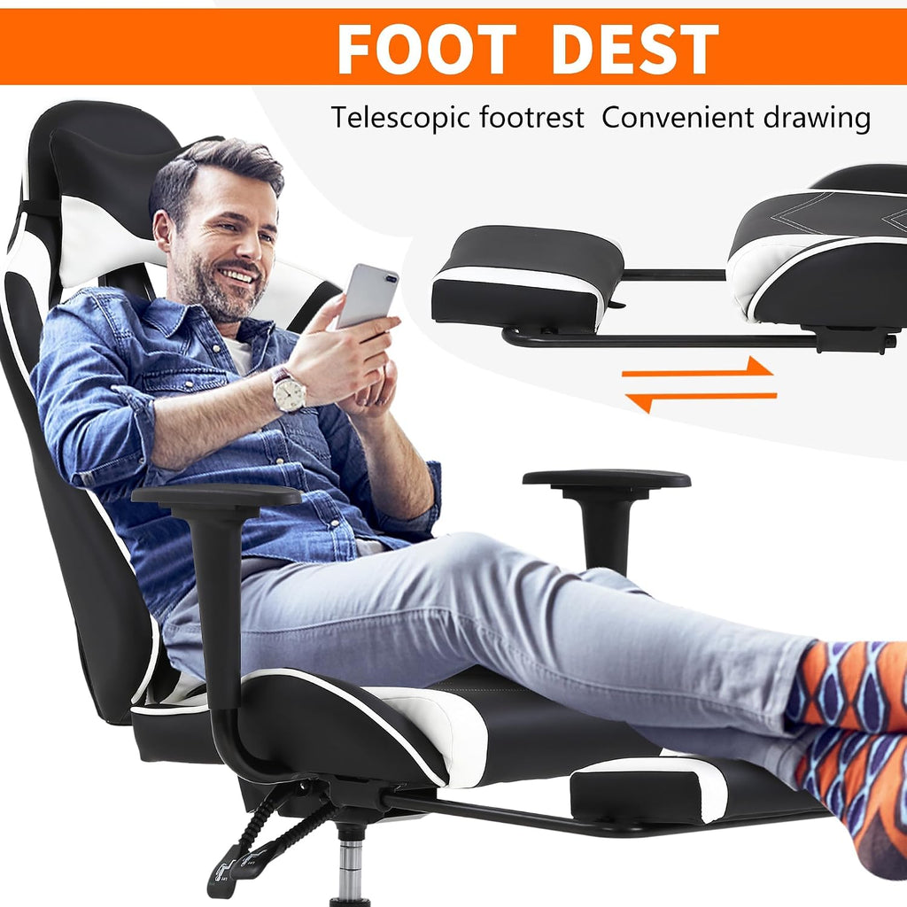 Gaming Chair, High Back PU Leather Gaming Chairs Computer Chair with Headrest & Lumbar Support, Height Adjustable Wide Seat Gaming Chairs for Adults, Game Chair with Footrest & Armrest