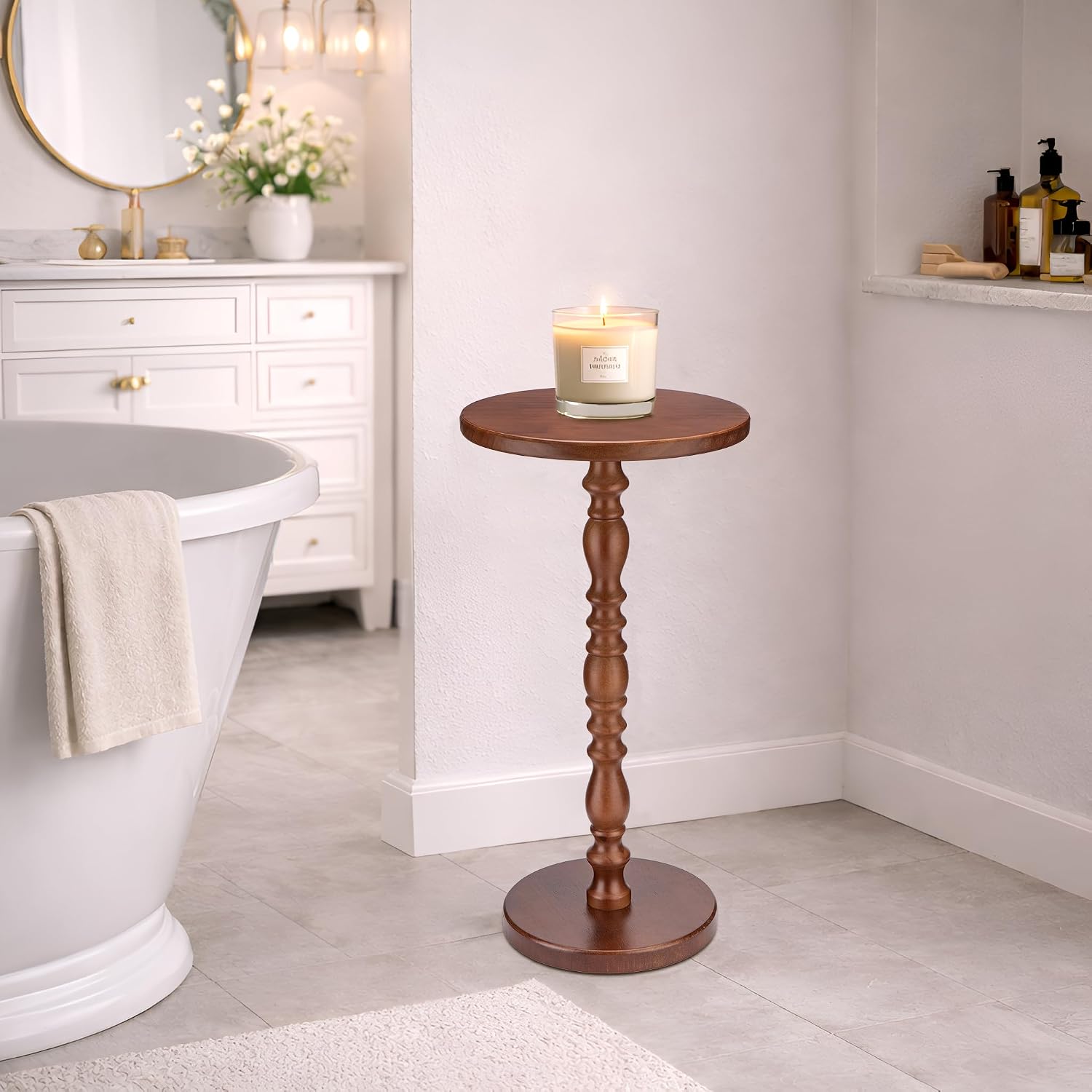 Solid Wood Round Side Table, Rustic Pedestal Drink Table for Small Spaces, Accent Nightstand Table for Living Room, Bedroom, Corners, and Office, Brown