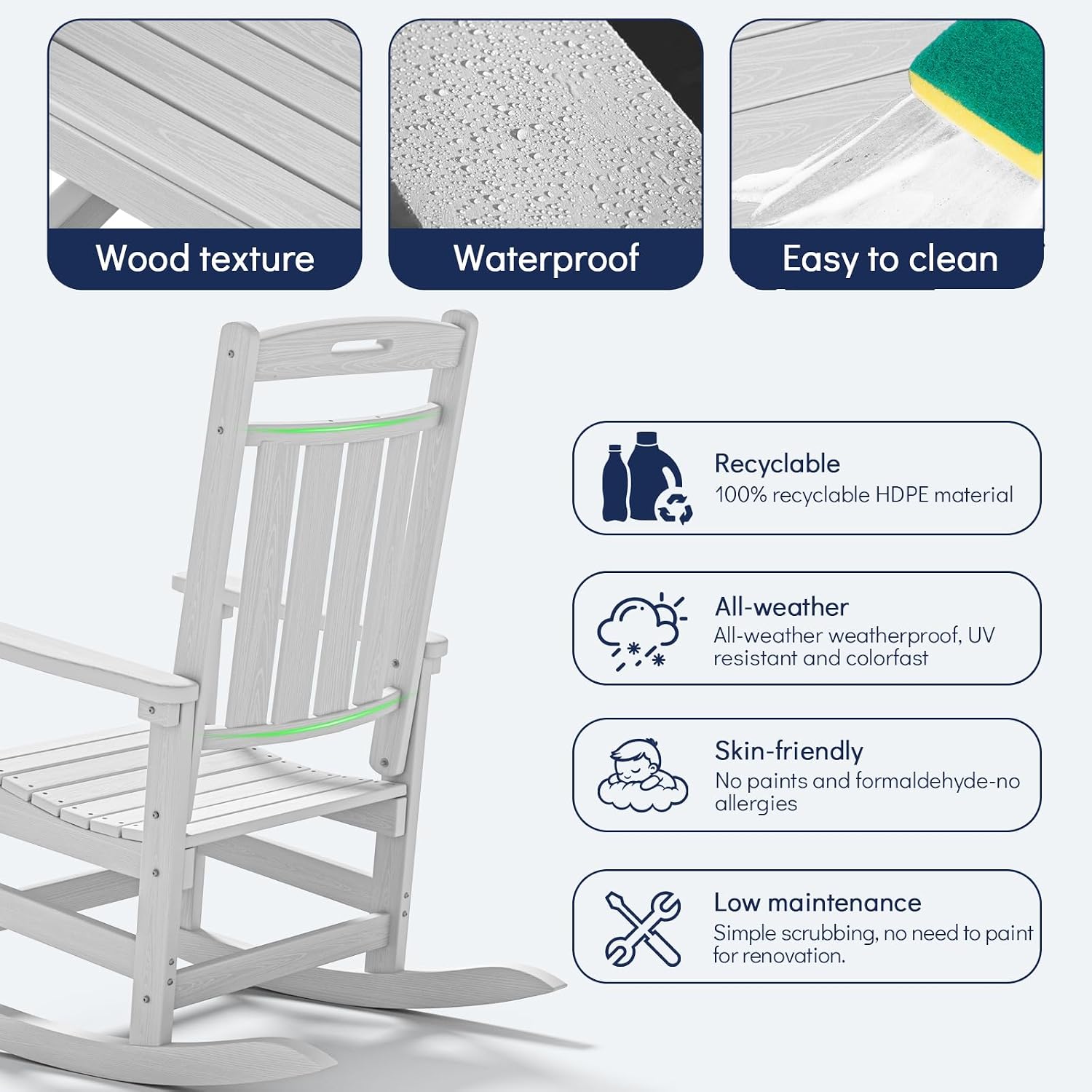 Plawdlik Oversized Outdoor Rocking Chairs 2 Pack - All-Weather HDPE Heavy Duty Patio Rockers with High Back - Modern Style for Porch, Garden - White