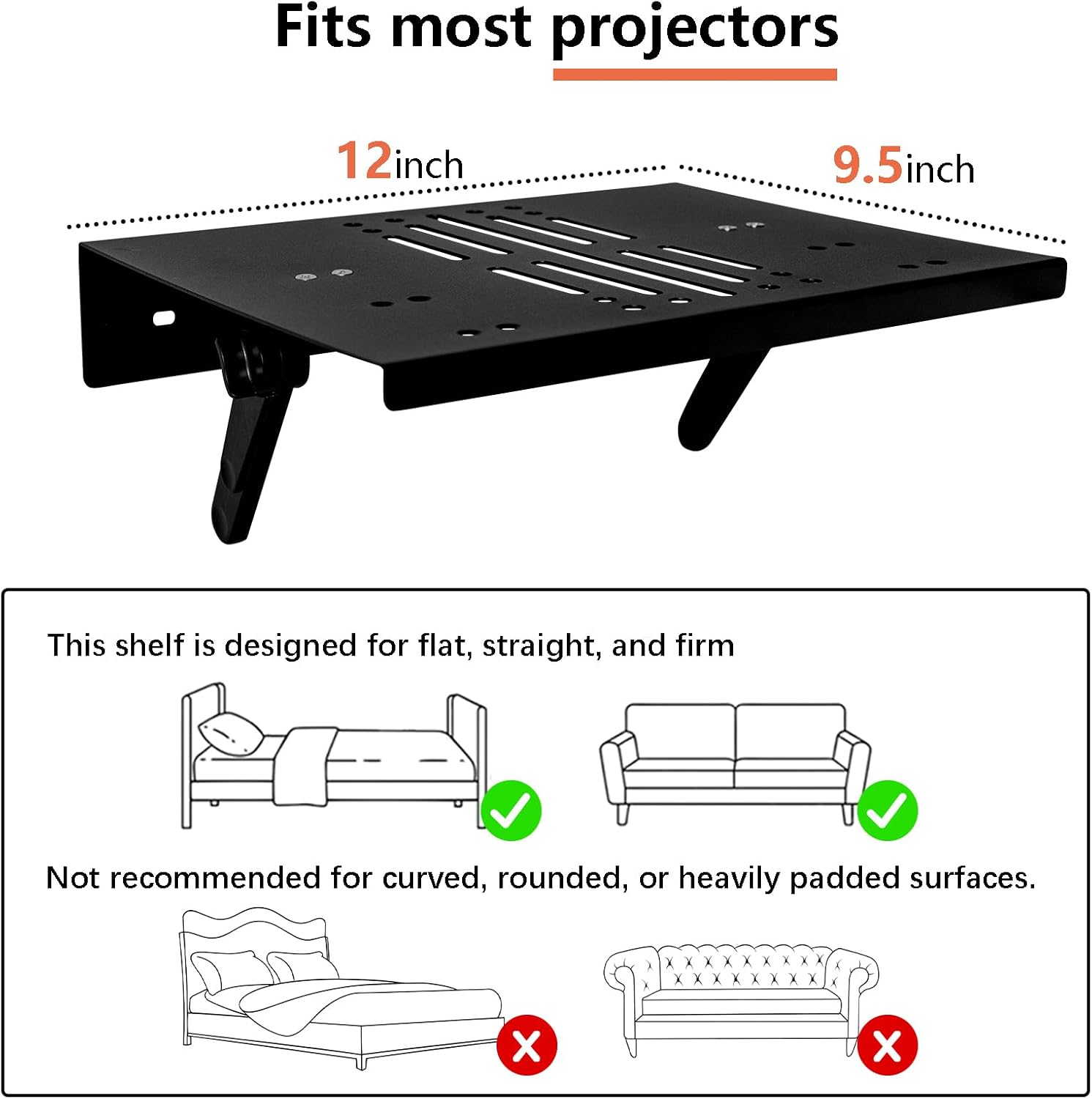 Projector Shelf, No Drill Projector Mount for Bed Frame & Sofa, 12x9.5 Inch, Movable with Wall Mount Option for Projector Shelf