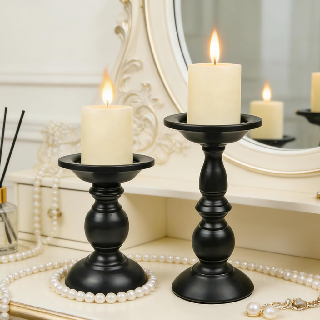 Earl Diamond Matte Black Pillar Candle Holders Set of 2, Vintage Iron Candle Holder for Table Centerpiece, Fireplace Decor, Dining and Living Room Decoration, Applicable to Pillar Candles