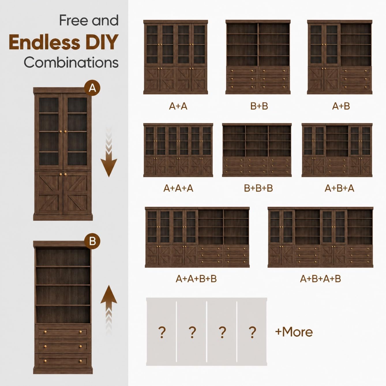 Vyre 71" Tall Farmhouse Kitchen Pantry, Set of 3 Large Storage Cabinets with Glass Doors, Hutch Cabinet with Drawers, Adjustable Shelves for Living Room, Dining Room, Dark Brown