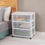 Sterilite Wide 3-Drawer Cart, Plastic Storage Organizer Drawers with Wheels, White - Rolling Multipurpose Bins for Dresser, Closet, Cabinet, Bedroom, Bathroom, and Office Organization