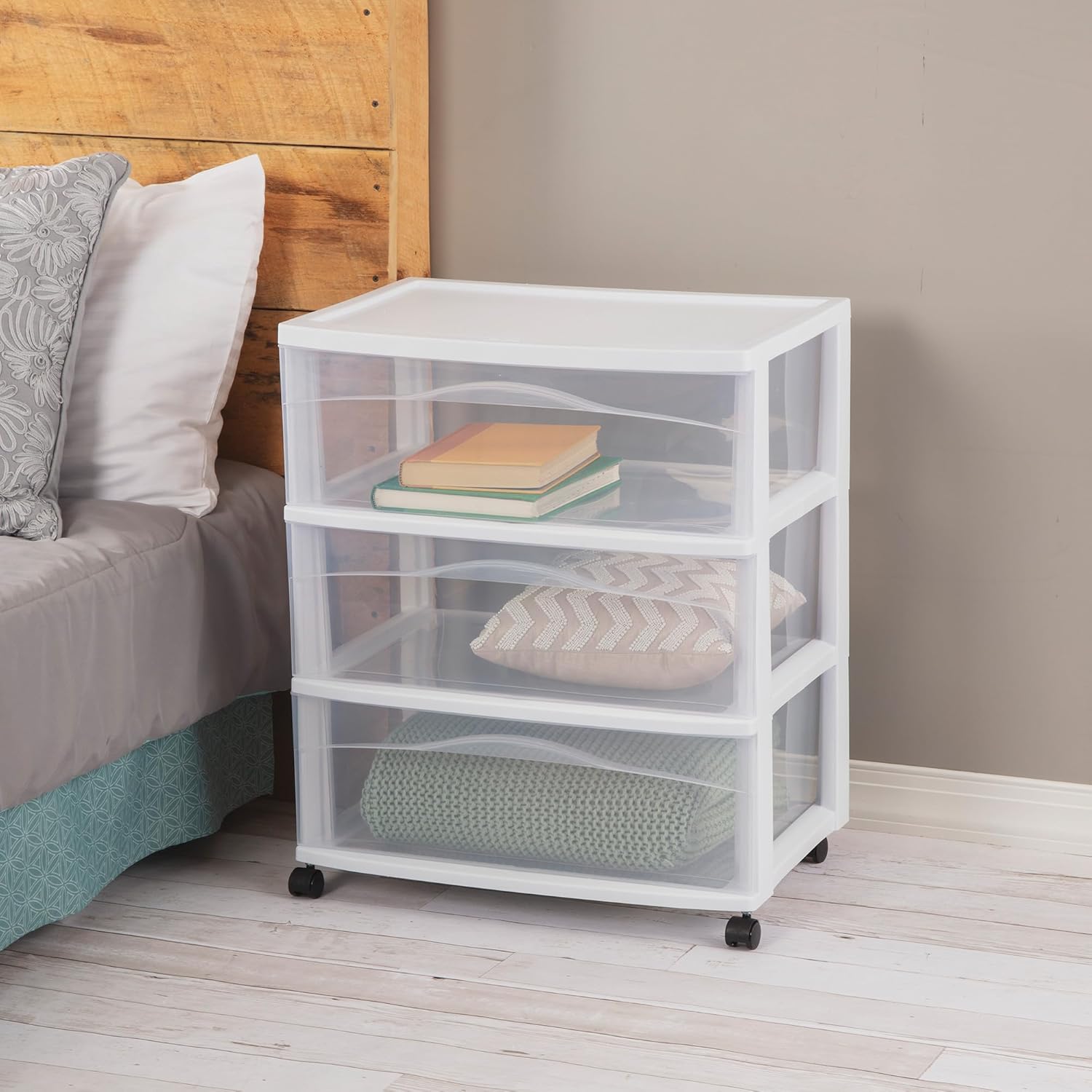 Sterilite Wide 3-Drawer Cart, Plastic Storage Organizer Drawers with Wheels, White - Rolling Multipurpose Bins for Dresser, Closet, Cabinet, Bedroom, Bathroom, and Office Organization