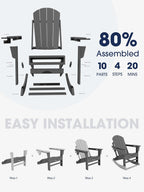 KINGYES Adirondack Rocking Chair Set of 2 with Retractable Ottoman and Cup Holders, HDPE Adirondack Rocker Patio Rocking Chair for Porch, Patio, Balcony, Leaden Grey
