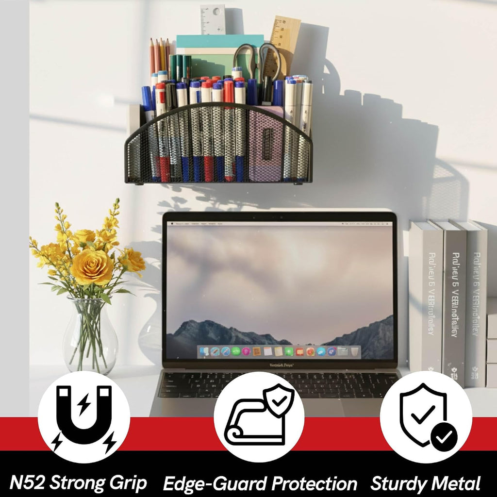 Magnetic Dry Erase Marker Holder for Whiteboard, 5 Slots Metal Pen Holder with Strong Magnets, 10inch Large Capacity Storage Basket Organizer for Office, School and Home (Black)