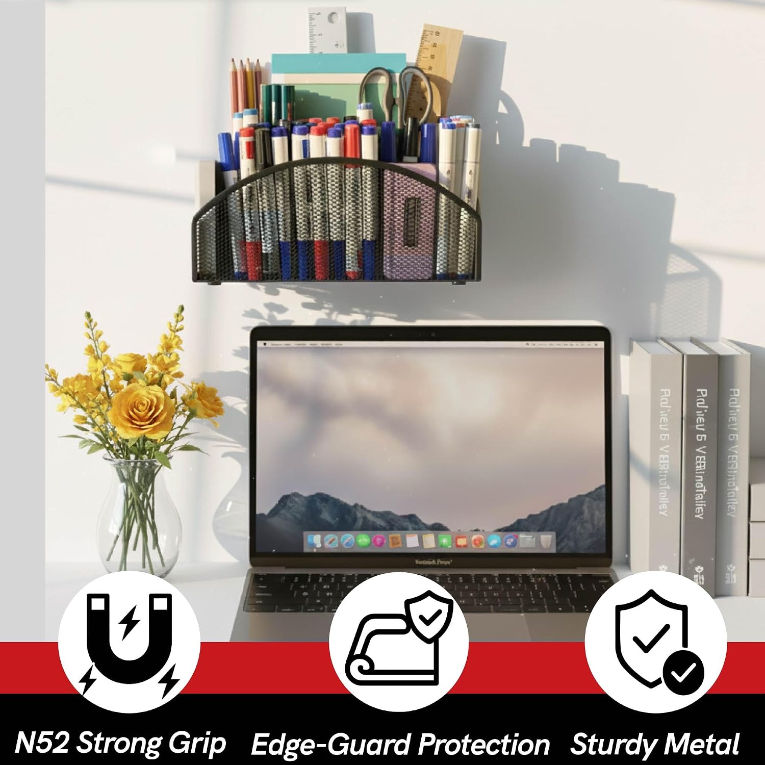 Magnetic Dry Erase Marker Holder for Whiteboard, 5 Slots Metal Pen Holder with Strong Magnets, 10inch Large Capacity Storage Basket Organizer for Office, School and Home (Black)
