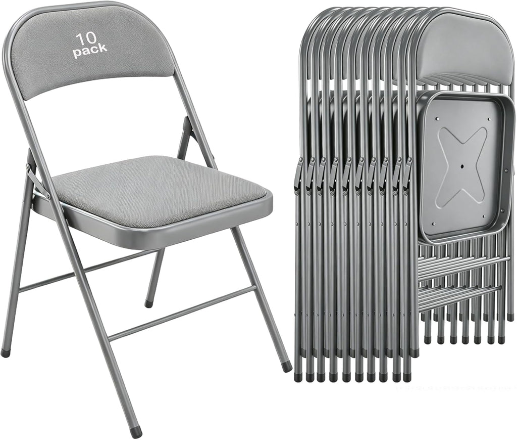 Folding Chairs 10 Pack, Fabric Padded Seat & Back with Heavy Duty Metal Frame, Portable Indoor Outdoor Folding Chair for Dining, Office, Wedding, Party & Events, 350 LBS Capacity,Gray