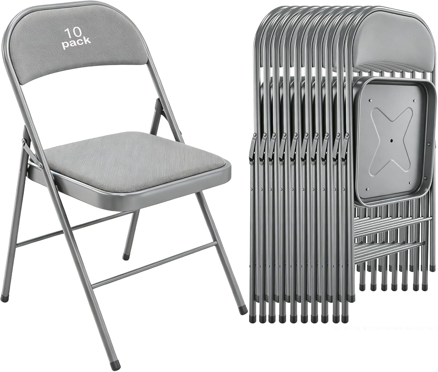 Folding Chairs 10 Pack, Fabric Padded Seat & Back with Heavy Duty Metal Frame, Portable Indoor Outdoor Folding Chair for Dining, Office, Wedding, Party & Events, 350 LBS Capacity,Gray