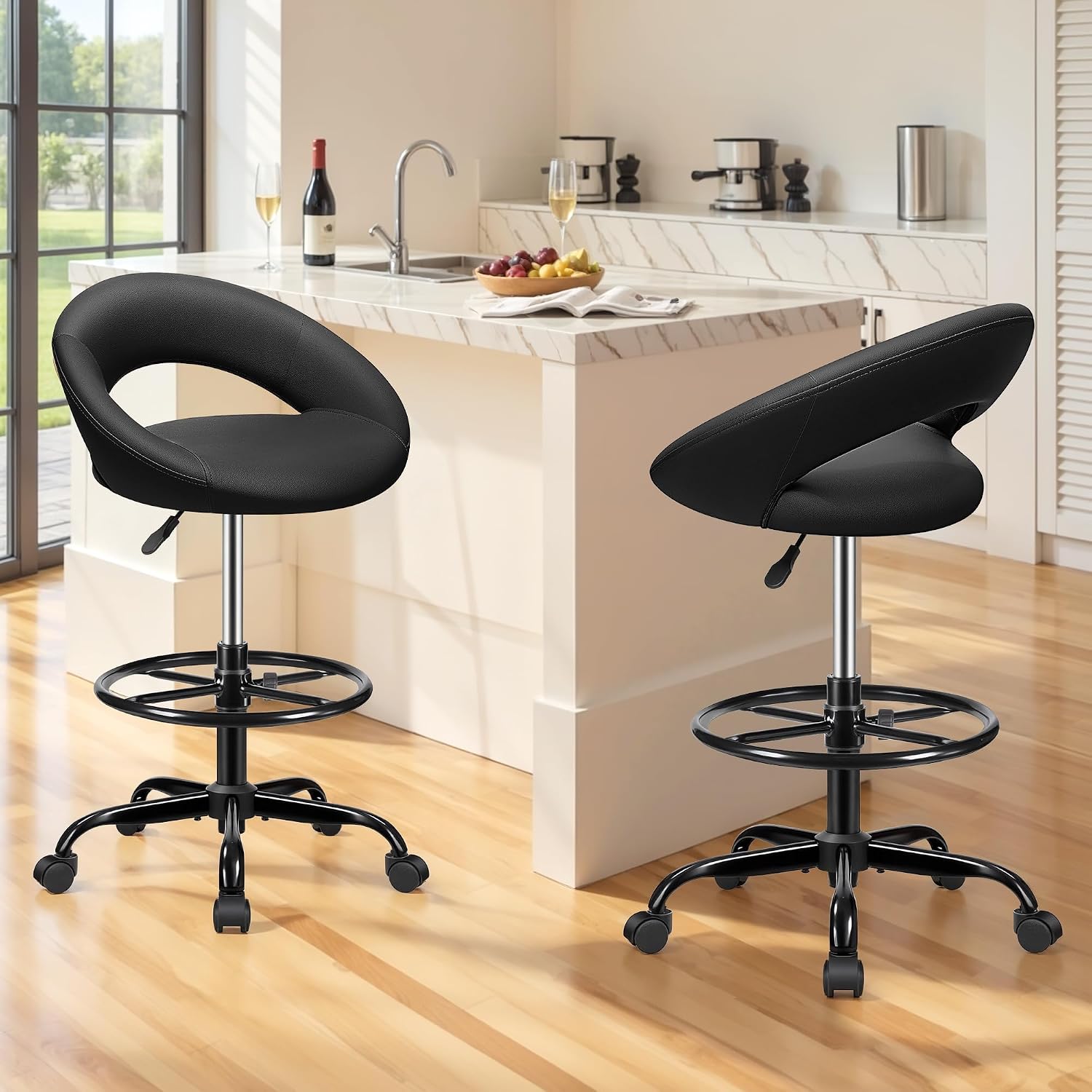 BESTFAIR Office Drafting Chair - Bar Stools with Back Support, Adjustable Foot Rest and Wheels, Shop Rolling Swivel Chair for Standing Desk Counter Kitchen Salon Home Vanity, Black 2 Pack