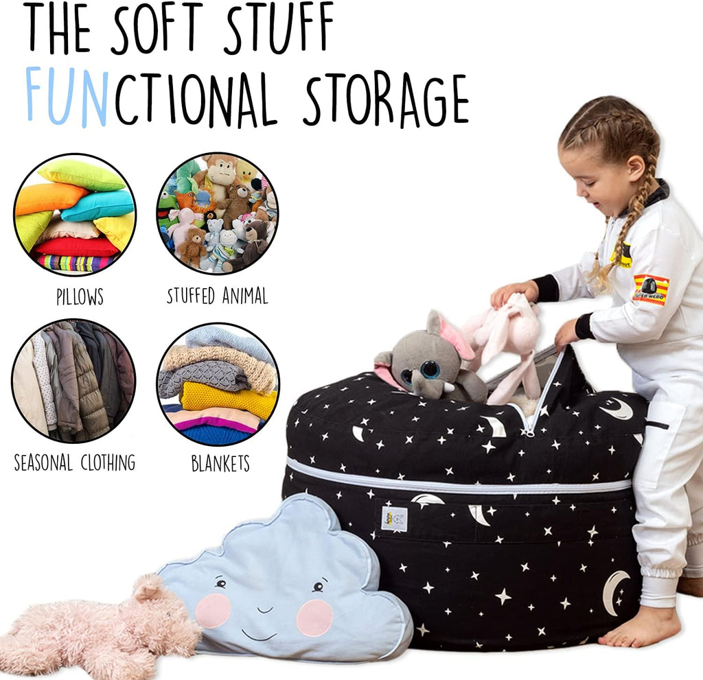 SMART WALLABY Stuffed Animal Storage Bean Bag Chair | 2 Sizes in 1 | 100% Cotton Washable Kids’ Plush Toys Organizer | XL to XXL Expandable Premium Soft Toys Pouf Starry Night