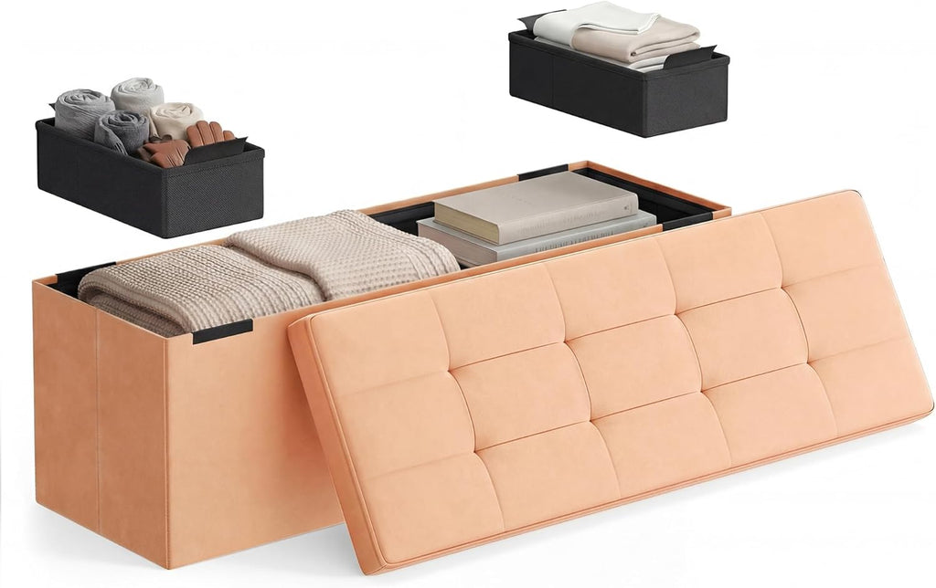 SONGMICS HOME Ottoman with Storage, Removable Lid, Folding Storage Chest, Easy Assembly, for Entryway, Bedroom, Living Room, 15.2 x 43.2 x 15.2 Inches, Velvet, Orange