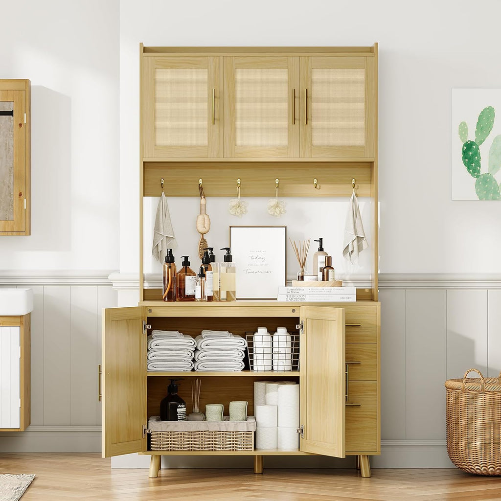 Garvee Rattan Pantry Cabinet, 71 in Kitchen Pantry with Microwave Stand, Freestanding Hutch with Drawers, Doors and Hooks, Boho Storage Cabinet for Dining Room, Kitchen, Living Room, Natural