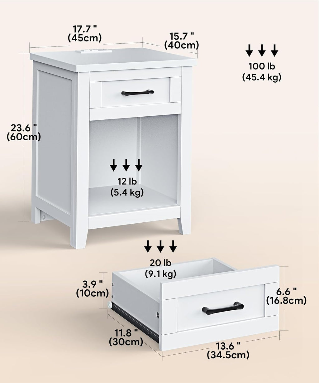 Decofy Farmhouse Nightstand with Charging Station & Large Storage, Set of 2 Modern End Tables with Outlets, USB Ports and Type-C Ports, Easy Assembly for Bedroom (Pure White)