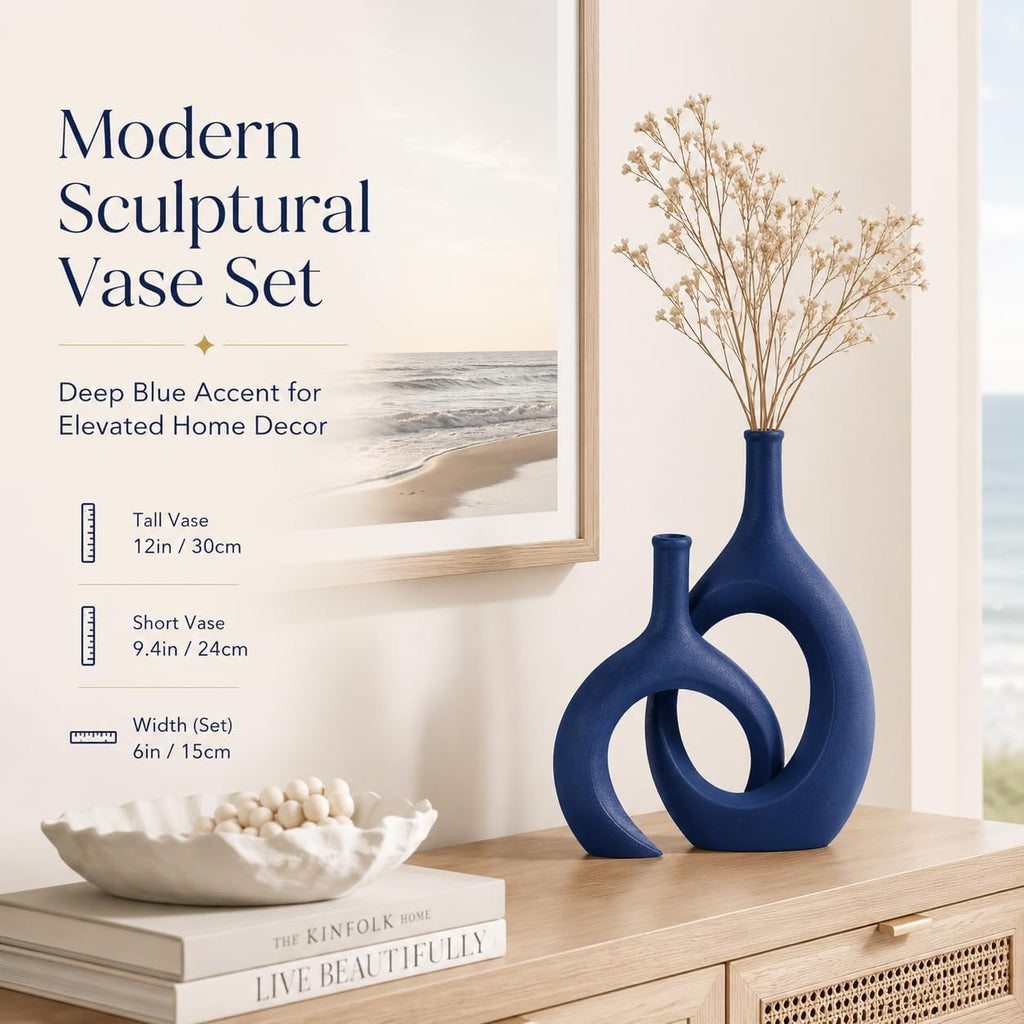 Navy Blue Unique Hollow Bud Vases Set of 2,Modern Snuggle and Huging Style Ceramic Vase for Pampas Grass,Living Room Decorations for Fireplace,Coffee Table Centerpiece,Mantle,Bookshelf Decor