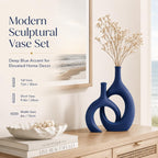 Navy Blue Unique Hollow Bud Vases Set of 2,Modern Snuggle and Huging Style Ceramic Vase for Pampas Grass,Living Room Decorations for Fireplace,Coffee Table Centerpiece,Mantle,Bookshelf Decor