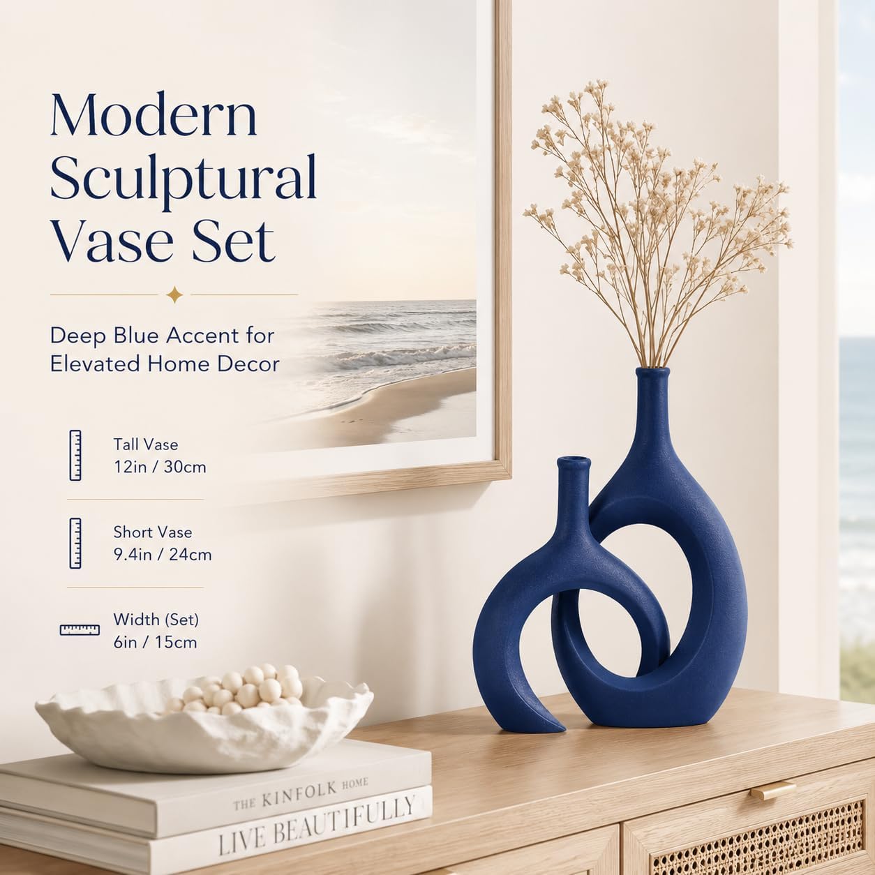 Navy Blue Unique Hollow Bud Vases Set of 2,Modern Snuggle and Huging Style Ceramic Vase for Pampas Grass,Living Room Decorations for Fireplace,Coffee Table Centerpiece,Mantle,Bookshelf Decor
