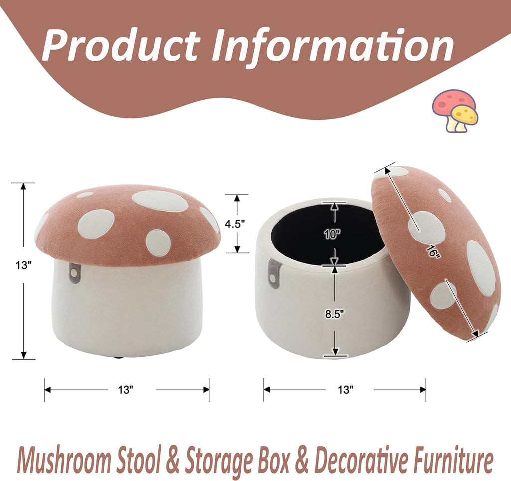 Kids Desk Chairs, Cute Mushroom Storage Ottoman, Mushroom Armchair, Children Round Storage Ottomans, Small Multi-Purpose Footstool for Playroom & Bedroom, Pink Mushroom