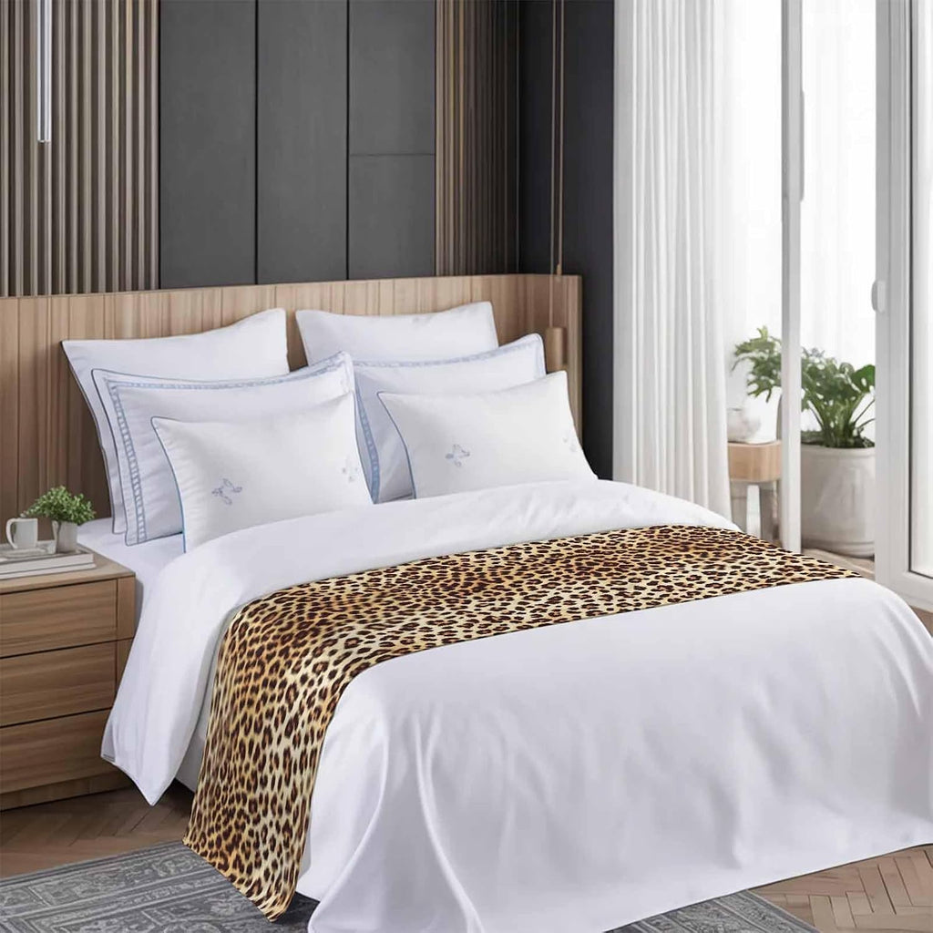 Farmhouse Brown Tan Leopard Print Bed Runners for Bedroom Hotel,Decorative Bedding Scarf Abstract Wild Animal Texture Bed End Blanket Bedding Runner Scarves for California King Size Beds,102x20in