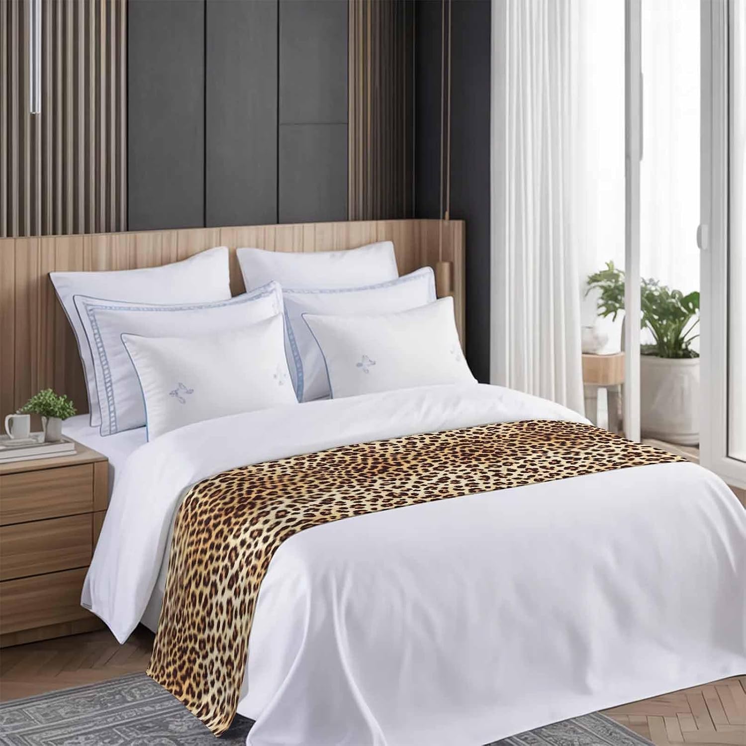 Farmhouse Brown Tan Leopard Print Bed Runners for Bedroom Hotel,Decorative Bedding Scarf Abstract Wild Animal Texture Bed End Blanket Bedding Runner Scarves for California King Size Beds,102x20in