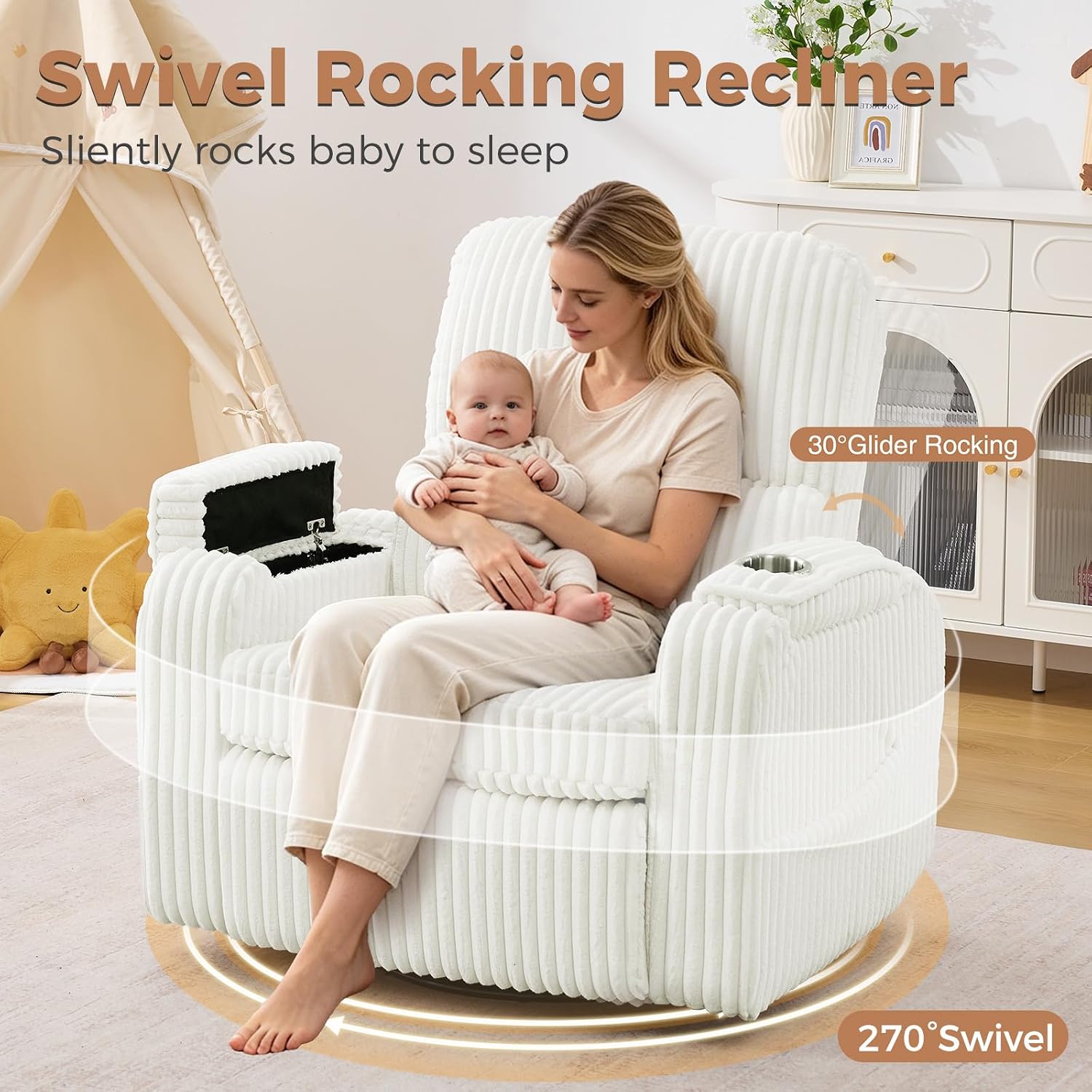 Power Swivel Rocker Recliner,Oversized Glider Recliner Nursery with Adjustable Headrest,Rocking Chair Nursery Recliner with Removable Cushion and Arm Storage for Living Room,Infinite Position,White