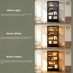 Glass Display Cabinet, 4-Tier Showcase with Drawer and Acrylic Layers, Glass Display Case & Bookcase with Human Body Sensor, 4-Tier Curio Cabinet with 3 Color Lights for Collectibles, Black