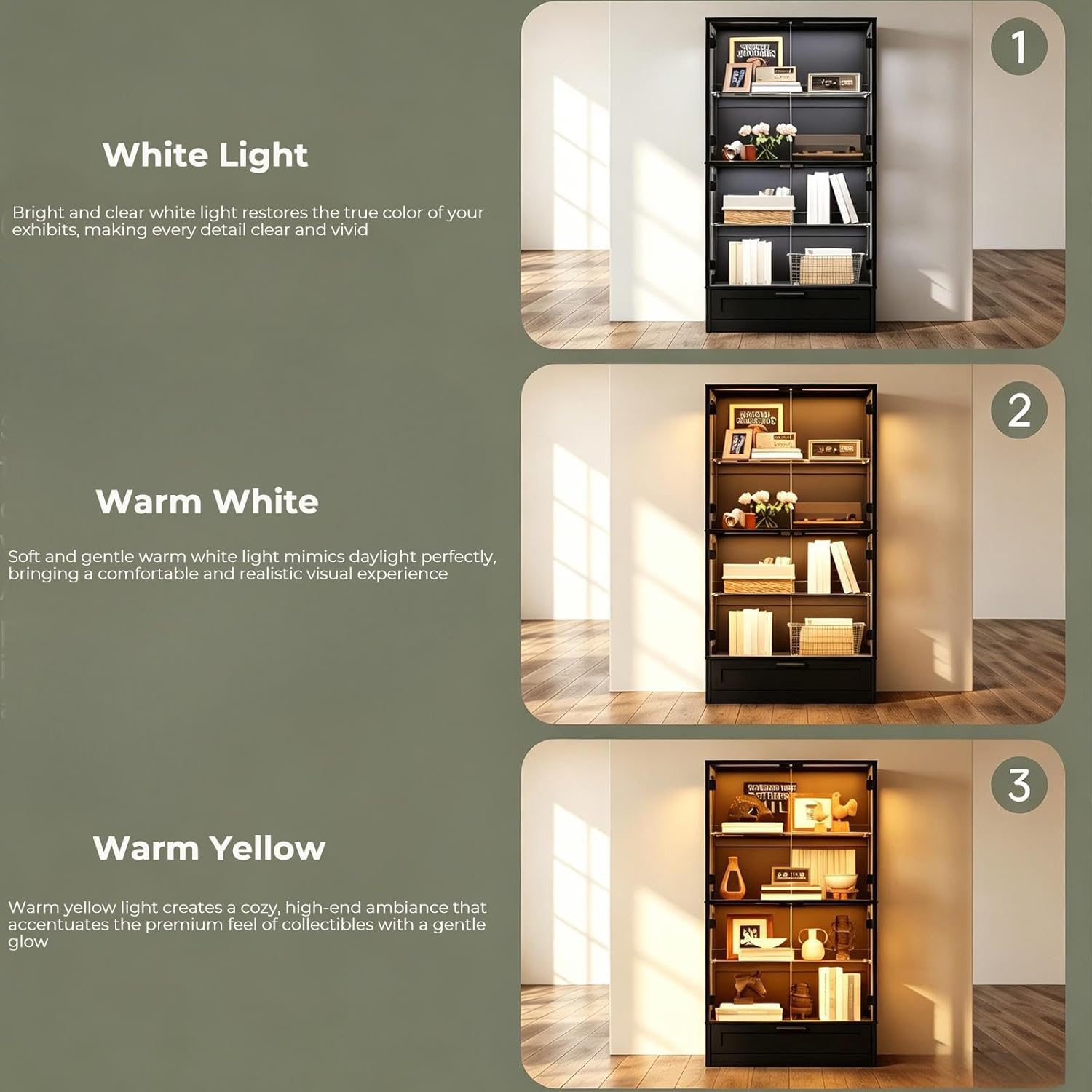 Glass Display Cabinet, 4-Tier Showcase with Drawer and Acrylic Layers, Glass Display Case & Bookcase with Human Body Sensor, 4-Tier Curio Cabinet with 3 Color Lights for Collectibles, Black