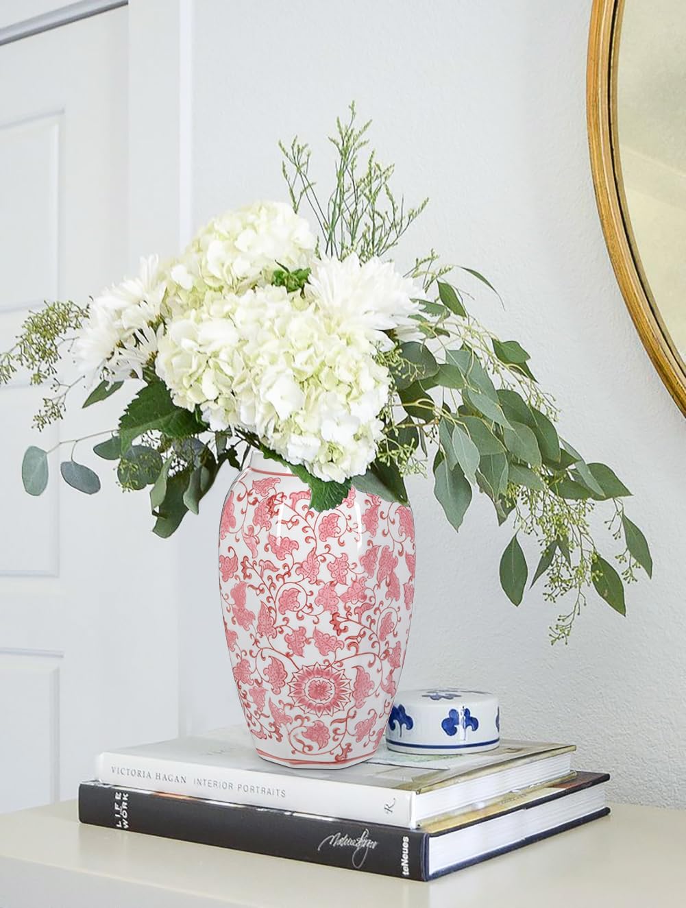 Pink Vase 8.5 Inch Traditional Chinoiserie Floral Vase Porcelain Ginger Jar Octagonal Vases Pink and White Porcelain Decor for Home, Living Room, Kitchen, Mantel, Shelf, Table