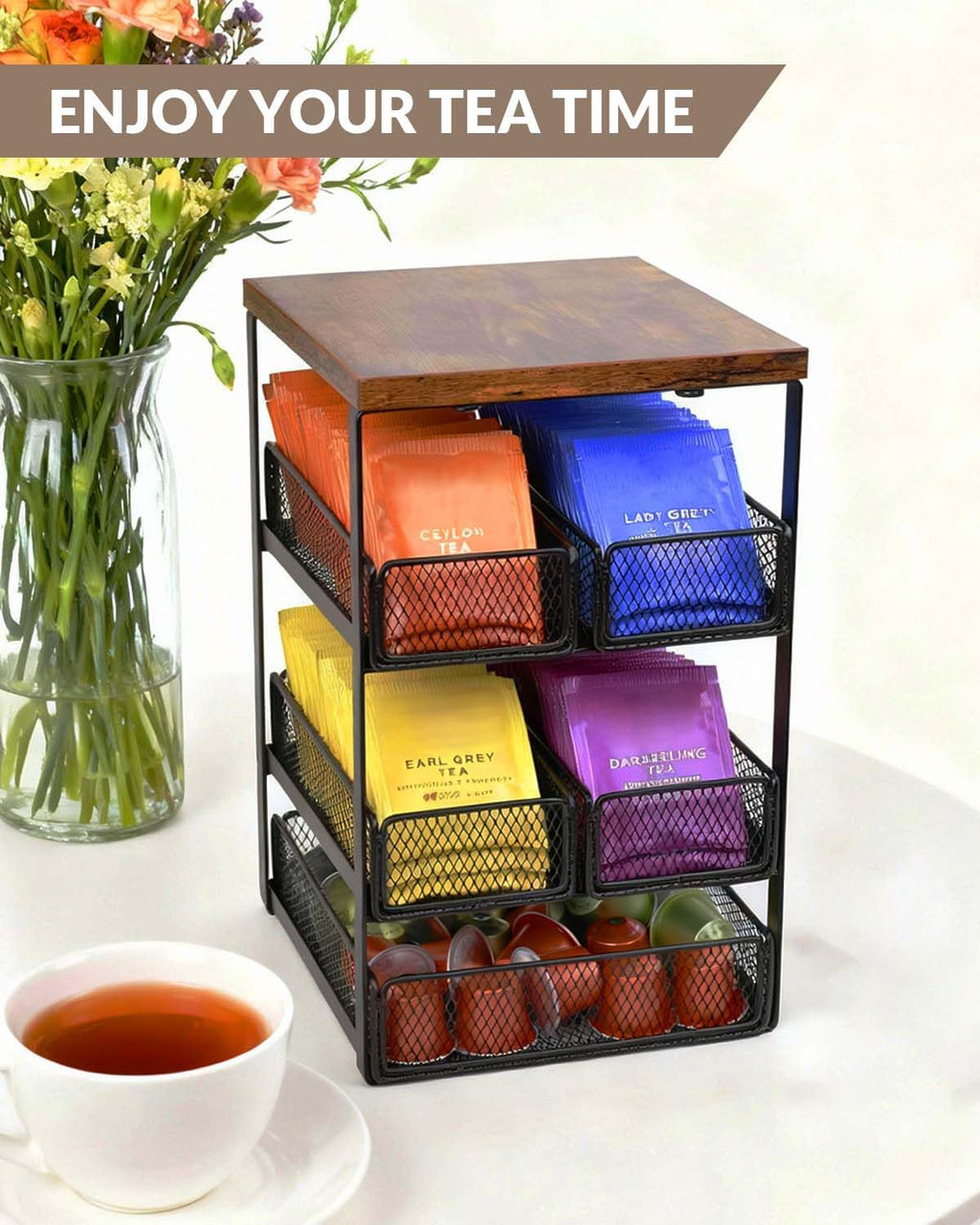 Tea Bag Organizer with 5 Drawers, Wooden & Metal Tea Storage Organizer for TeaBags, Coffee Pods, Creamers & Sugar – Countertop Tea Bag Holder for Coffee Bar and Kitchen, Space-Saving Tea Storage Rack