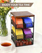 Tea Bag Organizer with 5 Drawers, Wooden & Metal Tea Storage Organizer for TeaBags, Coffee Pods, Creamers & Sugar – Countertop Tea Bag Holder for Coffee Bar and Kitchen, Space-Saving Tea Storage Rack