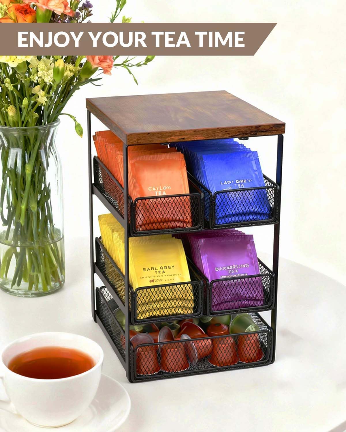 Tea Bag Organizer with 5 Drawers, Wooden & Metal Tea Storage Organizer for TeaBags, Coffee Pods, Creamers & Sugar – Countertop Tea Bag Holder for Coffee Bar and Kitchen, Space-Saving Tea Storage Rack