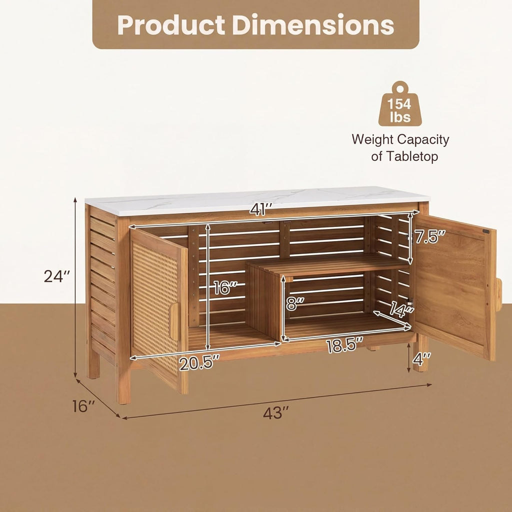 Giantex Acacia Wood Outdoor Cabinet, Storage Cabinet w/Faux Marble Top, Rattan Doors, Interior Shelves & Compartment, Buffet Cabinet, Functional Potting Table for Garden, Patio, Backyard