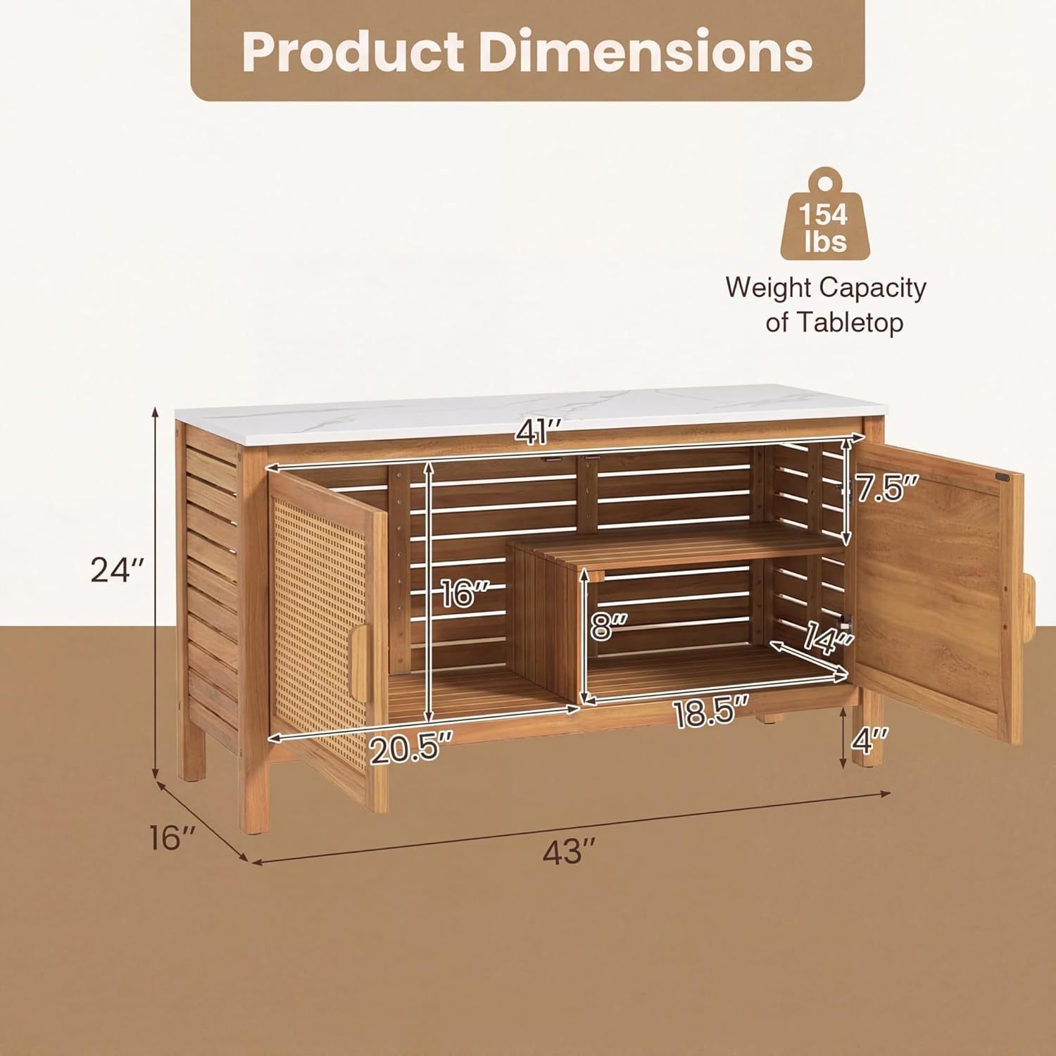 Giantex Acacia Wood Outdoor Cabinet, Storage Cabinet w/Faux Marble Top, Rattan Doors, Interior Shelves & Compartment, Buffet Cabinet, Functional Potting Table for Garden, Patio, Backyard