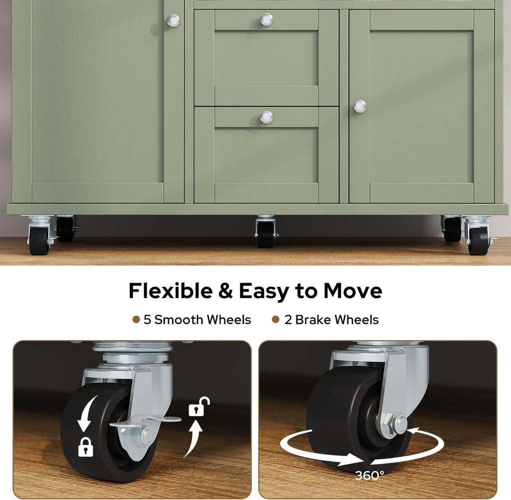 knoworld Rolling Kitchen Island with Storage Cabinet, 41.3'' Width Kitchen Cart with Desktop Drop Leaf Countertop, Portable Mobile Island with Towel Rack, Spice Rack Shelf and Lockable Wheels, Green