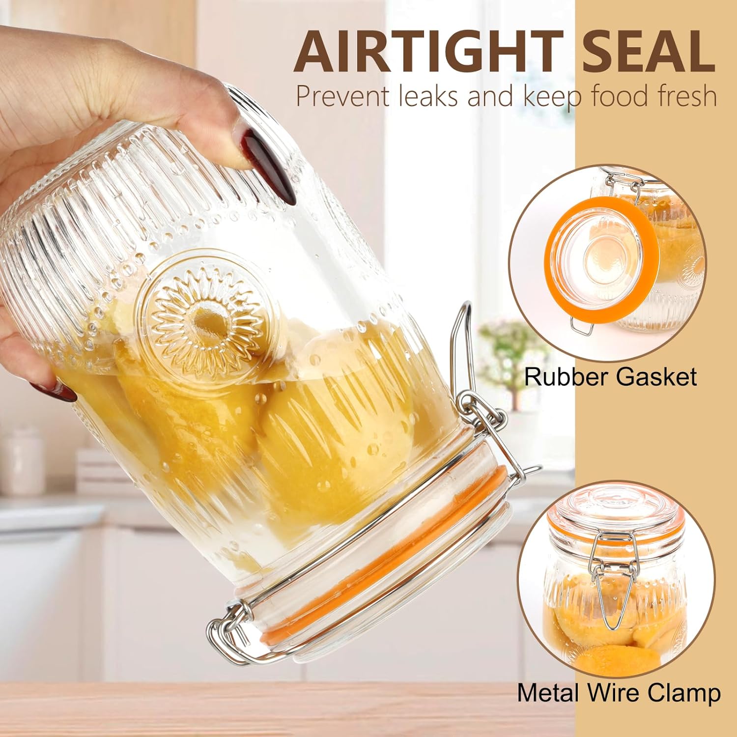 32oz Mason Jars with Airtight Lids, 6 Pack Wide Mouth Canning Jars with Clamp Lid, Quart Glass Canisters for Kitchen Storage, Pickling, Coffee, Cereal, Sugar, Flour, Beans