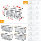 Black Metal Hanging Baskets with Handle, Wire Wall Storage Organizer with Hooks, Adhesive baskets for Kitchen, Bathroom, Pantry,Spice Rack, Cabinet Organizer, Shower Caddy 4-Pack