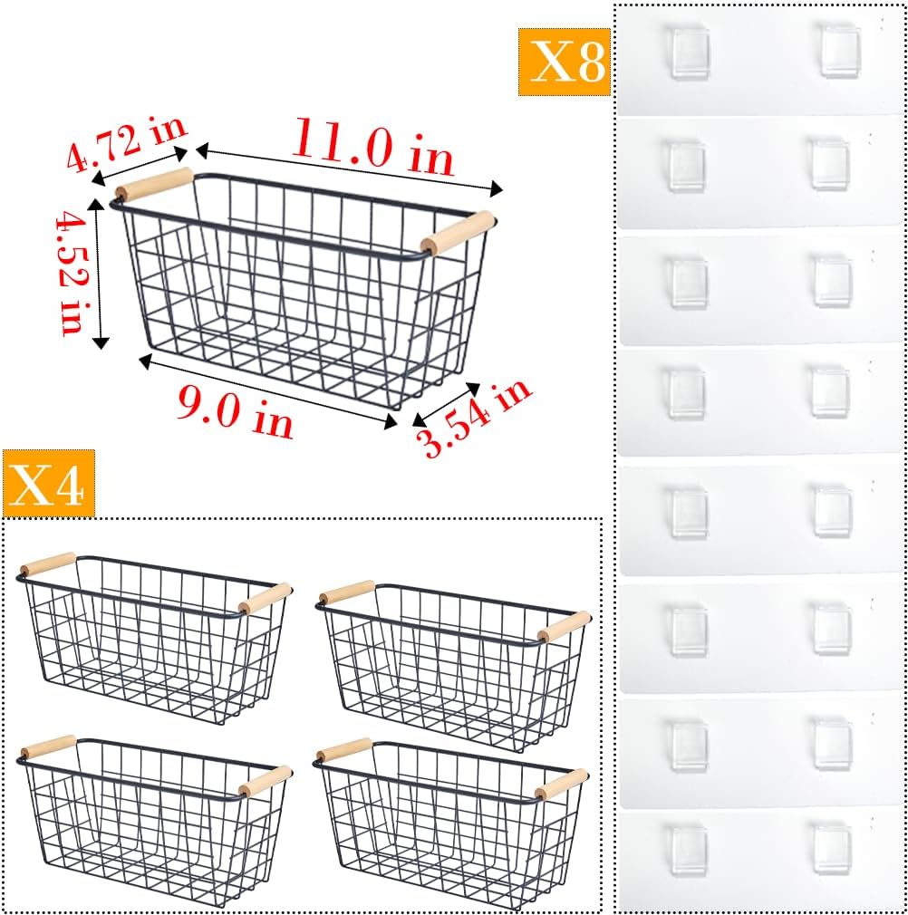 Black Metal Hanging Baskets with Handle, Wire Wall Storage Organizer with Hooks, Adhesive baskets for Kitchen, Bathroom, Pantry,Spice Rack, Cabinet Organizer, Shower Caddy 4-Pack