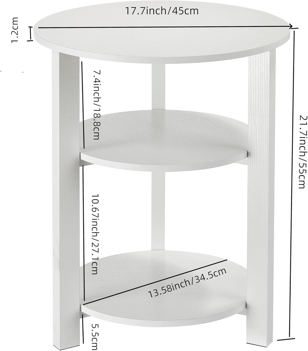 Farmhouse 3-Tier Round Side Table, 17.7 * 21.7inch End Table with Open Storage,Modern Accent Table Circular Nightstand for Living Room, Bedroom, Office,Wooden Table for Narrow and Small Spaces, White