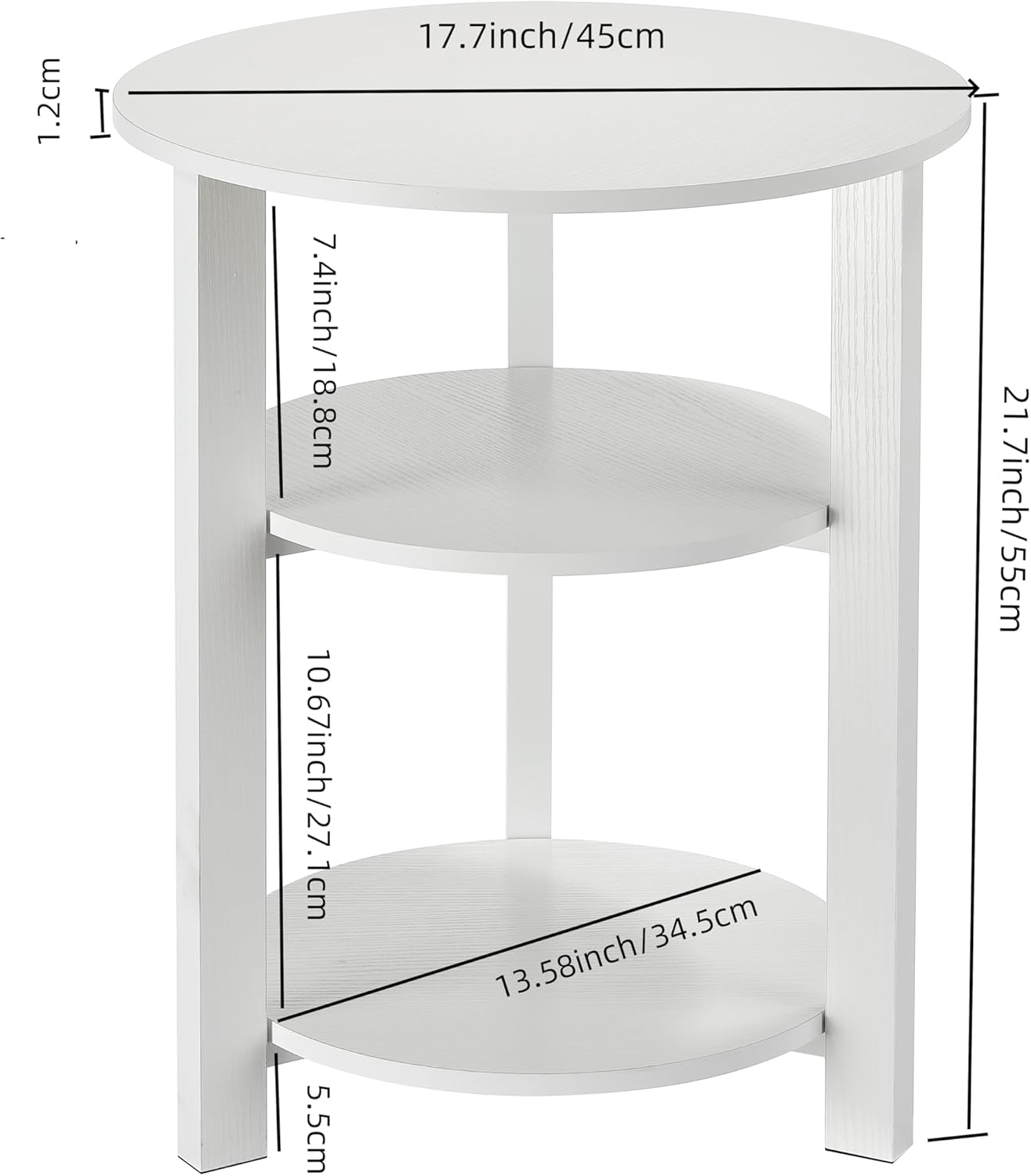 Farmhouse 3-Tier Round Side Table, 17.7 * 21.7inch End Table with Open Storage,Modern Accent Table Circular Nightstand for Living Room, Bedroom, Office,Wooden Table for Narrow and Small Spaces, White