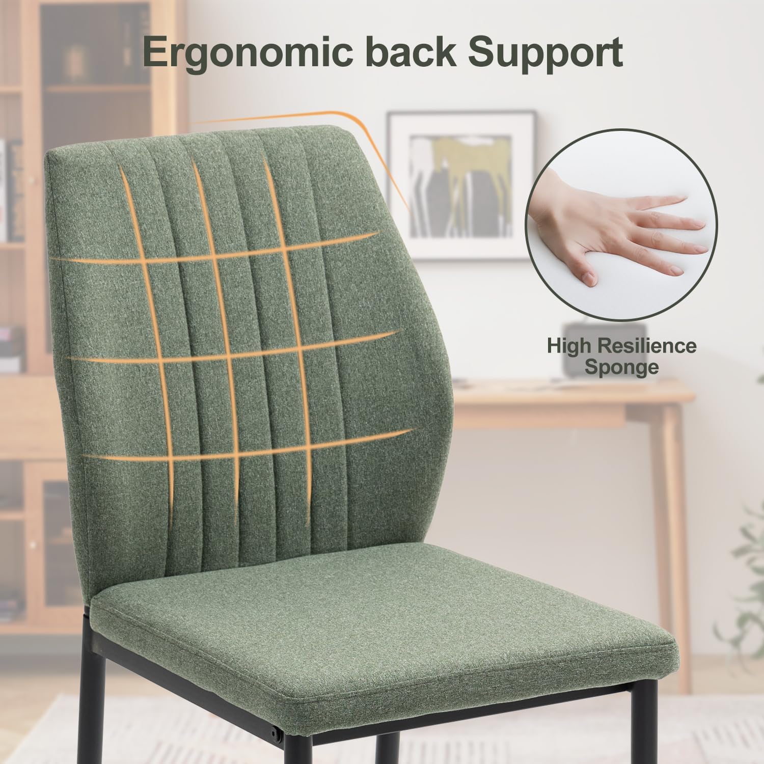 Dining Chairs Set of 4, Upholstered Wooden Dining Room Chairs, Mid Century Modern Fabric Kitchen Chair with Metal Legs Chenille Fabric for Kitchen/Restaurant/Hotel- Green (Only Chairs)