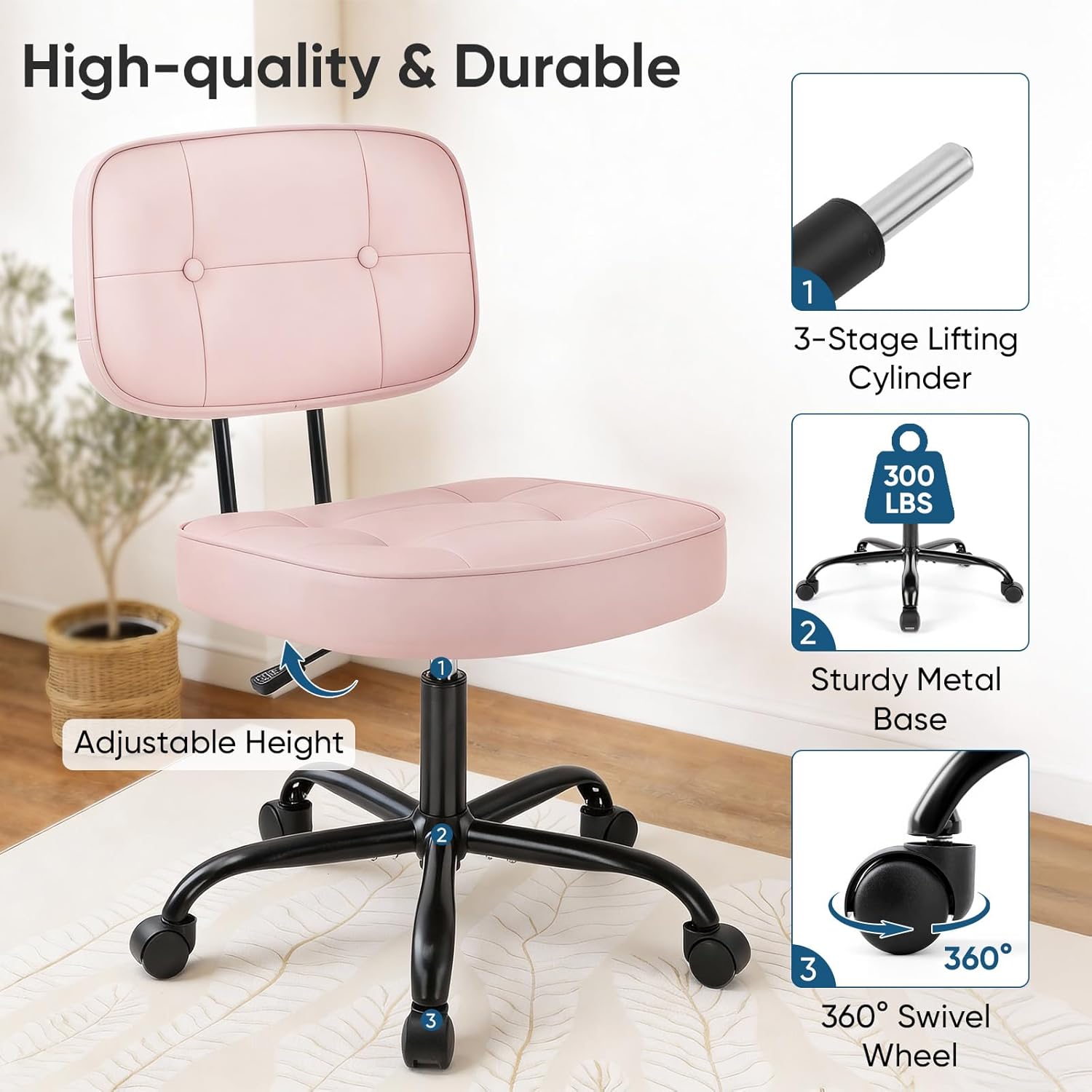 DUMOS Home Office Desk Chair - Ergonomic Armless PU Leather Computer Rolling Task Chair，with Comfy Lumbar Support and Height Adjustable, 360° Swivel, Vanity, Bedroom, Pink