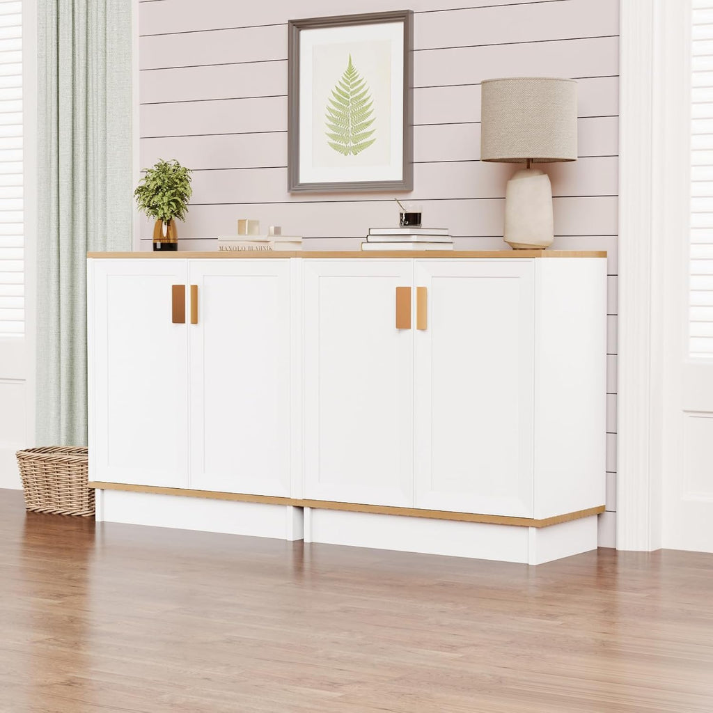 PROXRACER 32" Sideboard Buffet Cabinet with Storage, Adjustable Shelves & Shaker Doors, Rustic Storage Cabinet with Gold Handles for Kitchen, Dining Room, White