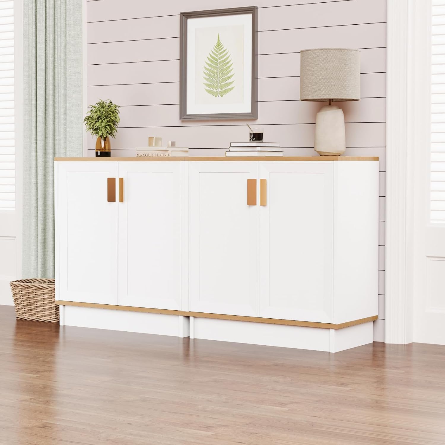 PROXRACER 32" Sideboard Buffet Cabinet with Storage, Adjustable Shelves & Shaker Doors, Rustic Storage Cabinet with Gold Handles for Kitchen, Dining Room, White