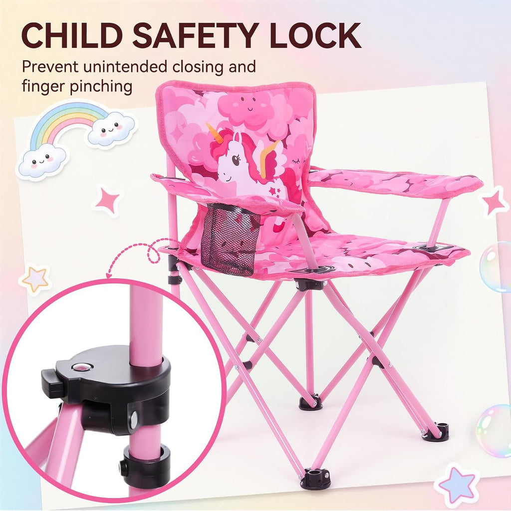Huskfirm Padded Kids Camping Chair Folding Toddler Chair with Cup Holder & Safety Lock Portable Kids Beach Chair Ages 3-6 for Outdoor Camping Foldable Kids Chair Support 120lbs,Pink Unicorn