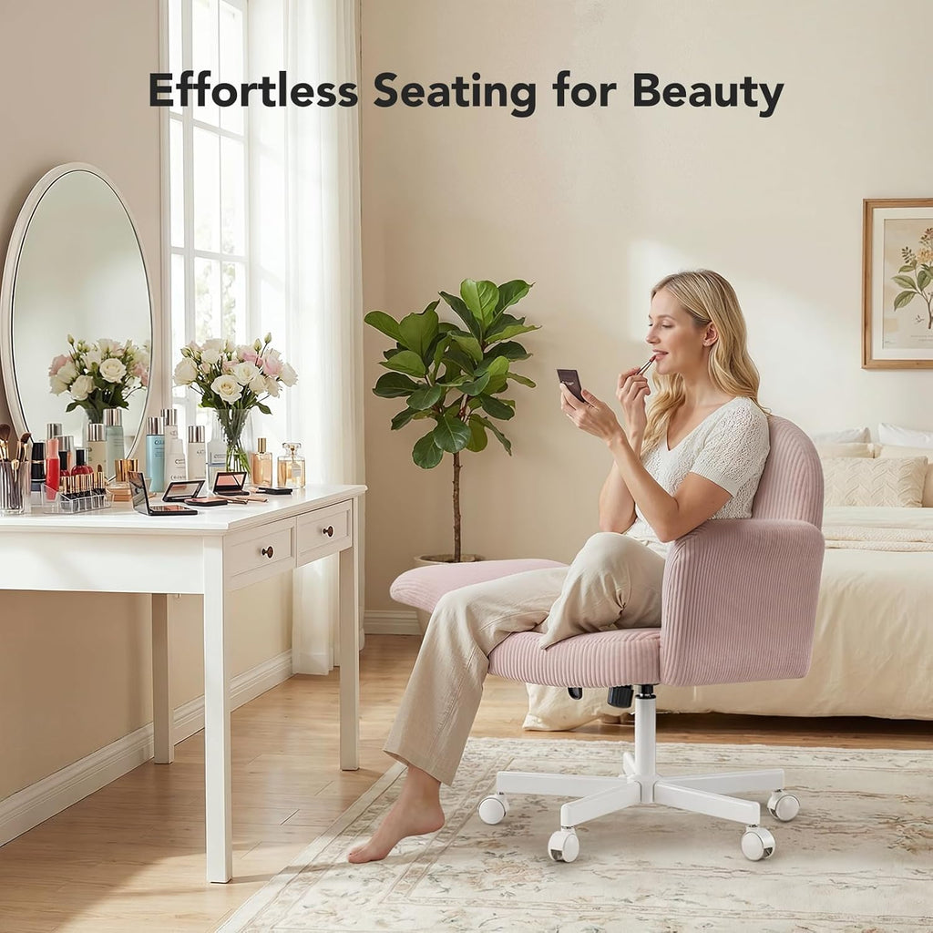 HUANUO Criss Cross Office Chair for Women, Cross Legged Desk Chair with Adjustable Armrests, Soft Corduroy Fabric for Small Spaces, Petite Home Office Computer Chair for Girls, Pink